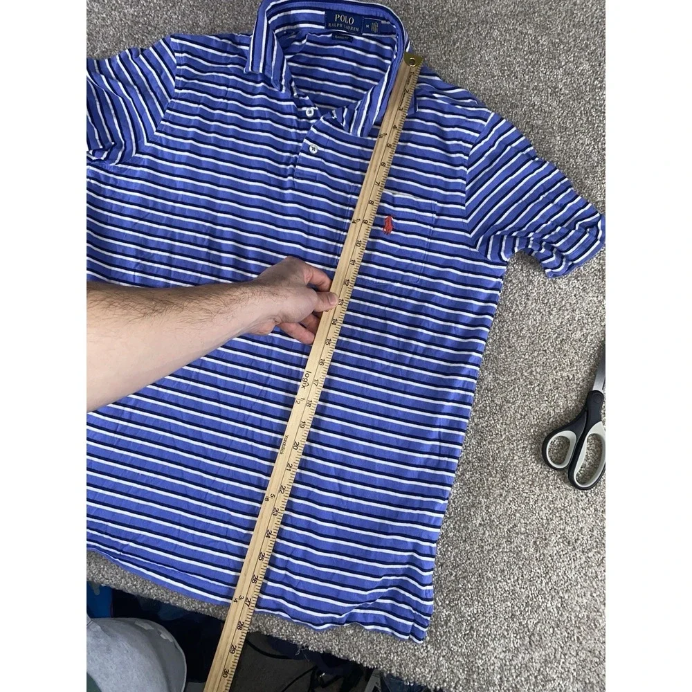 Polo Ralph Lauren Blue Striped Pocket Polo Shirt Mens M Light‎ Red Pony Cotton